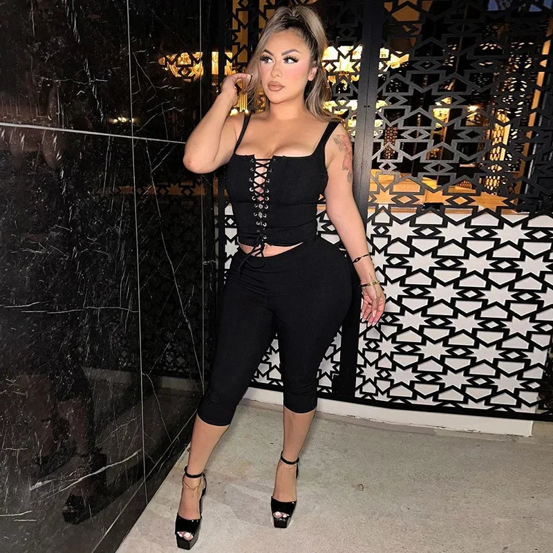 ITGIRLSOCIETY Ribbed Lace-Up Corset Tank & Shorts Set