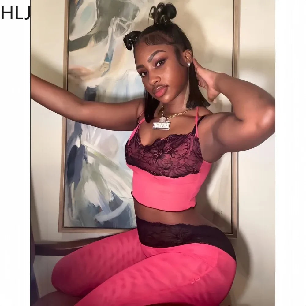 HLJ Sexy Lace Patchwork Woman 2 Piece Set Outfit Spaghetti Strap Crop Top and Flare Pants Suits Female Streetwear Clothing New