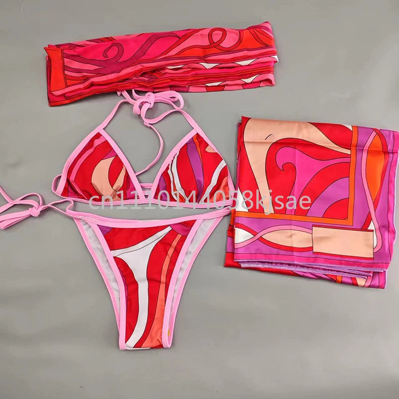 Classic Design Women's Red Bikini Sets Fashion Brand Lady Beachwear Headband Swimsuits Swimwear