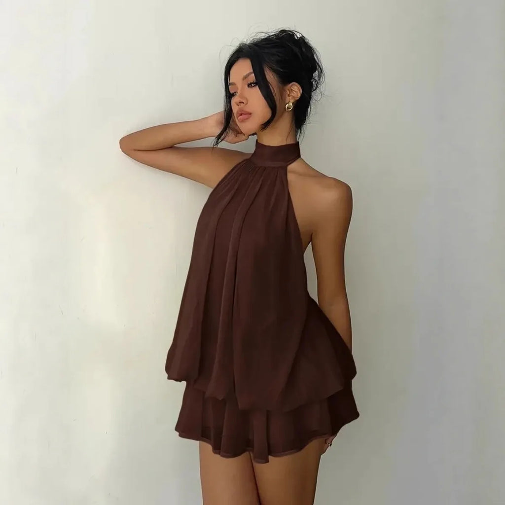 ITGIRLSOCIETY Backless Halter Tie-Front Mini Dress