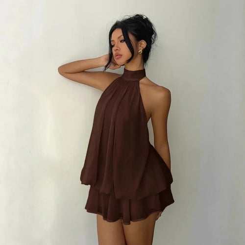 ITGIRLSOCIETY Backless Halter Tie-Front Mini Dress