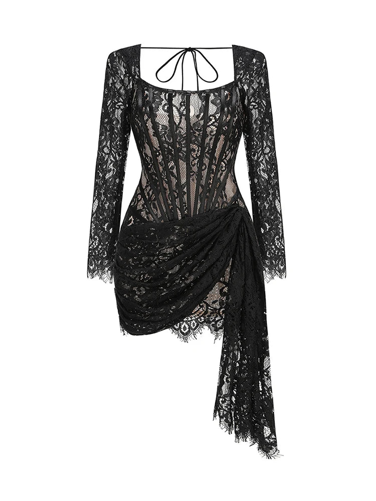 TARUXY Sexy Lace See-through Patchwork Corset Dress Female Bodycon Elegant Party MIrrgualr Mini Dress Women Tube Top Dress New