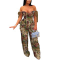 2 Piece Sets Women Print Top Straight Pants Suit Multiple Pockets Strapless Floor Length Trousers Ensemble 2025 Sexy Outfits