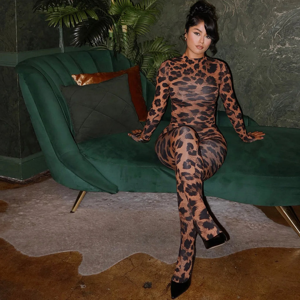 ITGIRLSOCIETY Leopard Print Long Sleeve Top & Ankle Pants Set