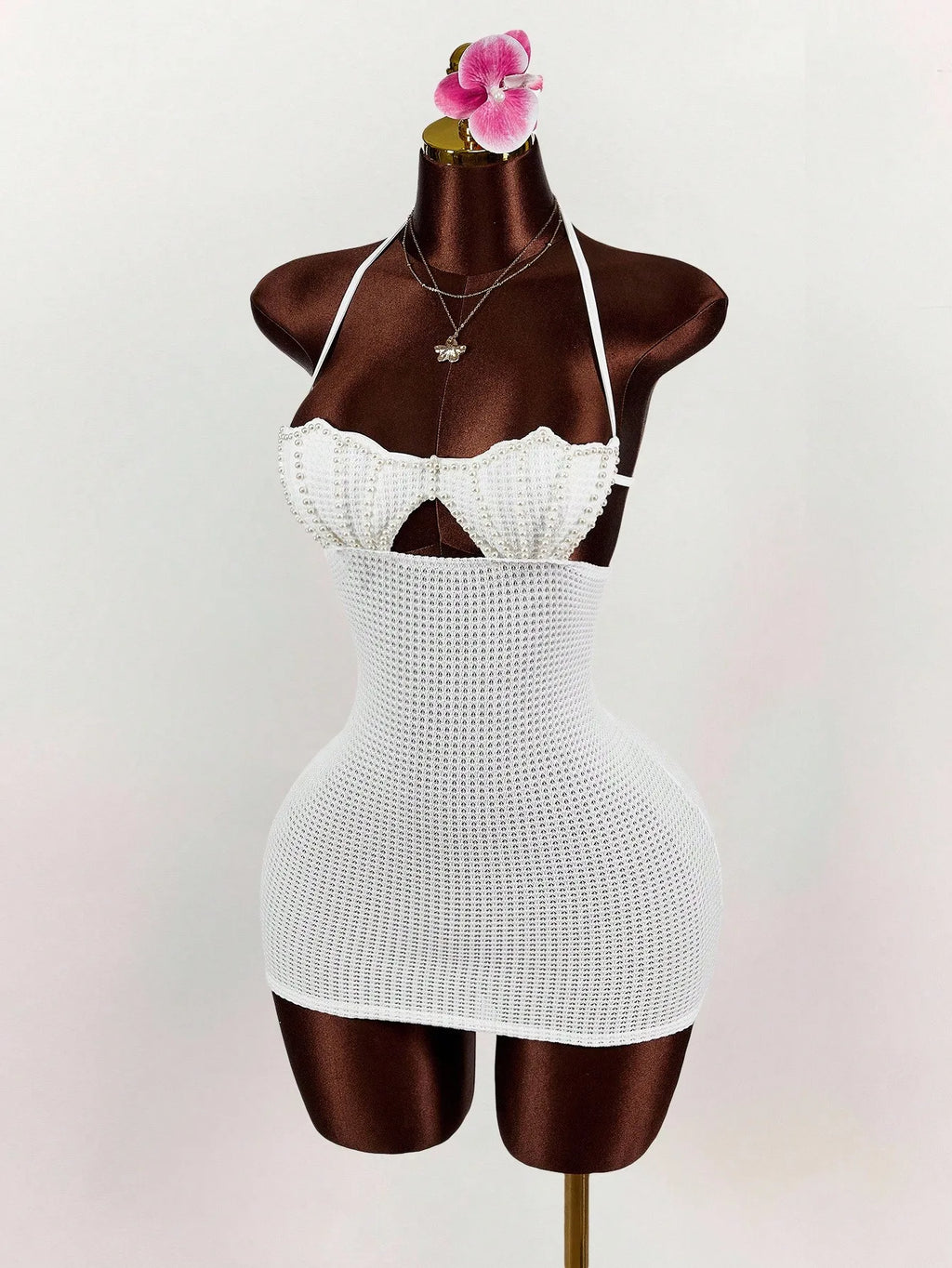 Pearl Shell Halter Backless Mini Bodycon Dress Crochet Bikini Dress