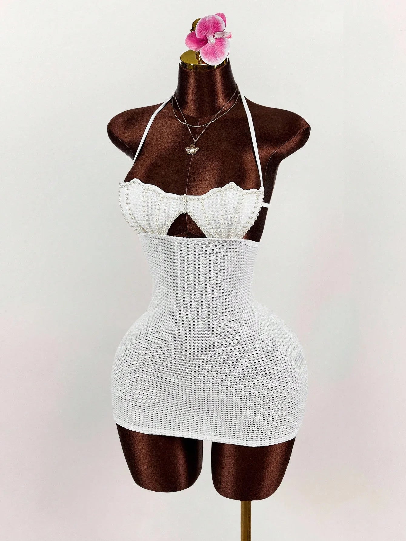 Pearl Shell Halter Backless Mini Bodycon Dress Crochet Bikini Dress