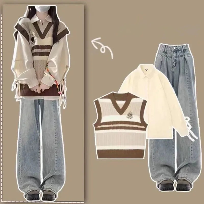 ITGIRLSOCIETY Preppy Knit Vest, Bandage Shirt & Wide-Leg Pants Three Piece Set