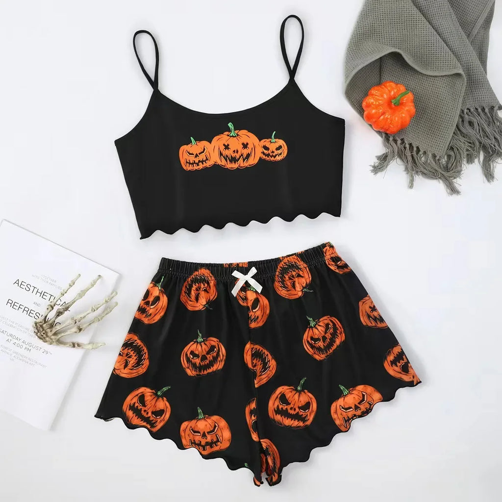 ITGIRLSOCIETY Halloween Devil & Pumpkin Print Pajamas Set