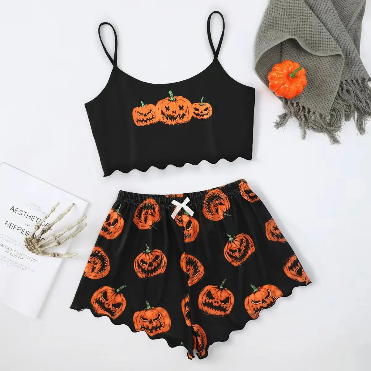 ITGIRLSOCIETY Halloween Pumpkin Print Pajama Set