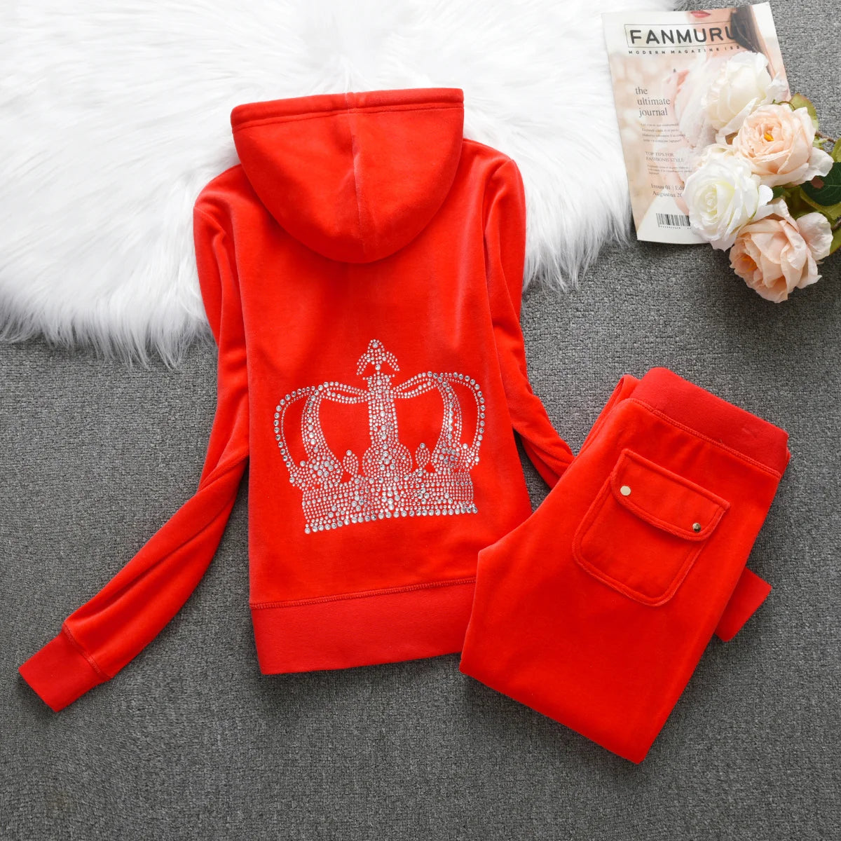 Velvet Tracksuit Hooded Winter Women Hooded Velvet Suit American Streetwear Casual Hooded Sweatshirt 2pc Casual Women's Suit