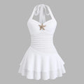 White Halter Neck Mini Dress Women's Ruffled Starfish Embellished Summer Casual Evening Gown