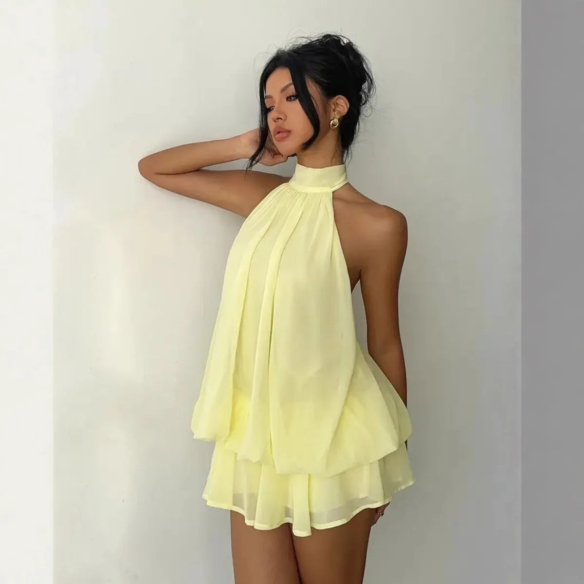ITGIRLSOCIETY Backless Halter Tie-Front Mini Dress