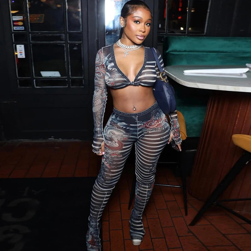 STYLISH LADY Cartoon Letter Printed Mesh 2 Piece Set Women Long Sleeve Crop Top and Skinny Pant Sets 2025 Sexy Club Party Outfit