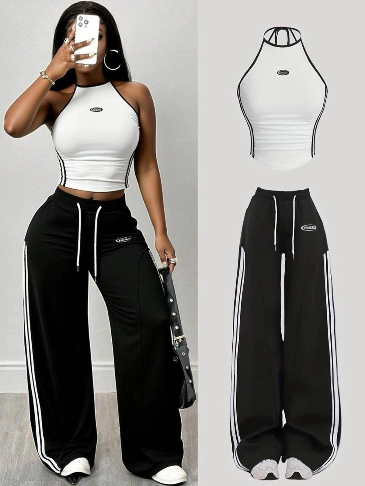 ITGIRLSOCIETY Halter Stripe Wide Leg Set