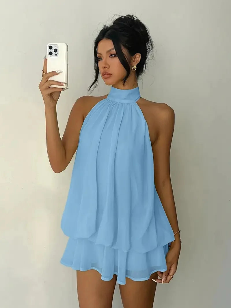 ITGIRLSOCIETY Backless Halter Tie-Front Mini Dress