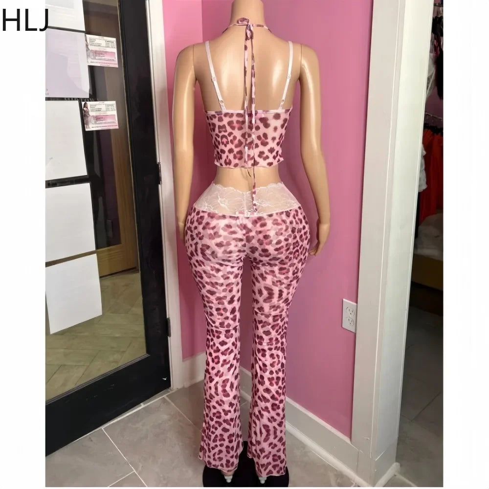 HLJ Sexy Lace Patchwork Woman 2 Piece Set Outfit Spaghetti Strap Crop Top and Flare Pants Suits Female Streetwear Clothing New