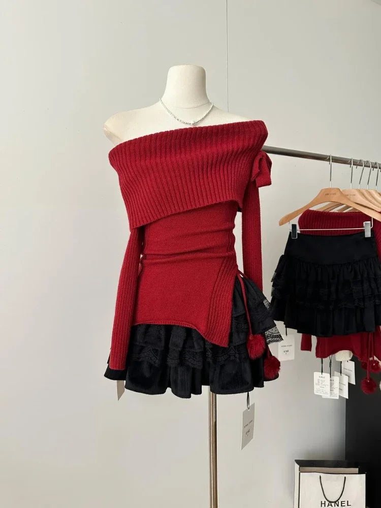 ITGIRLSOCIETY Slash Neck Bow Sweater & Mini Skirt Set