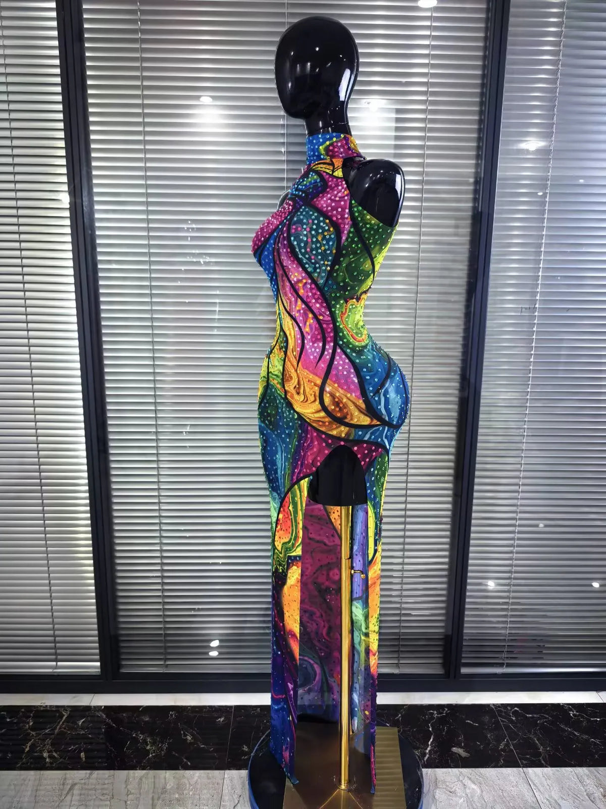ITGIRLSOCIETY Colorful Rhinestone Off-Shoulder Mesh Dress