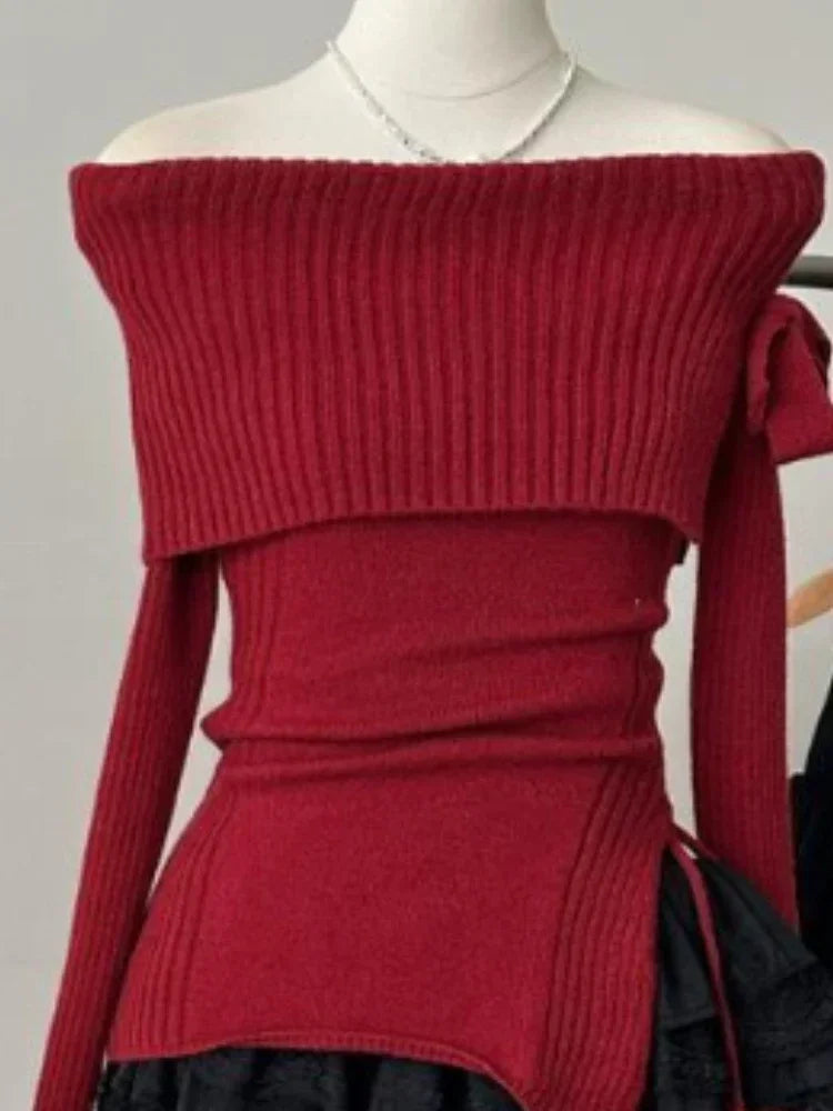 ITGIRLSOCIETY Slash Neck Bow Sweater & Mini Skirt Set