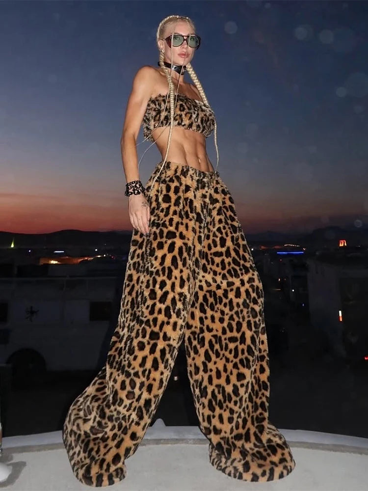 Weird Puss Furry Leopard Print 2-Piece Set Women Punk Style Hottie Sleeveless Crop Vest+Wide Pants Trend Matching Street Suits