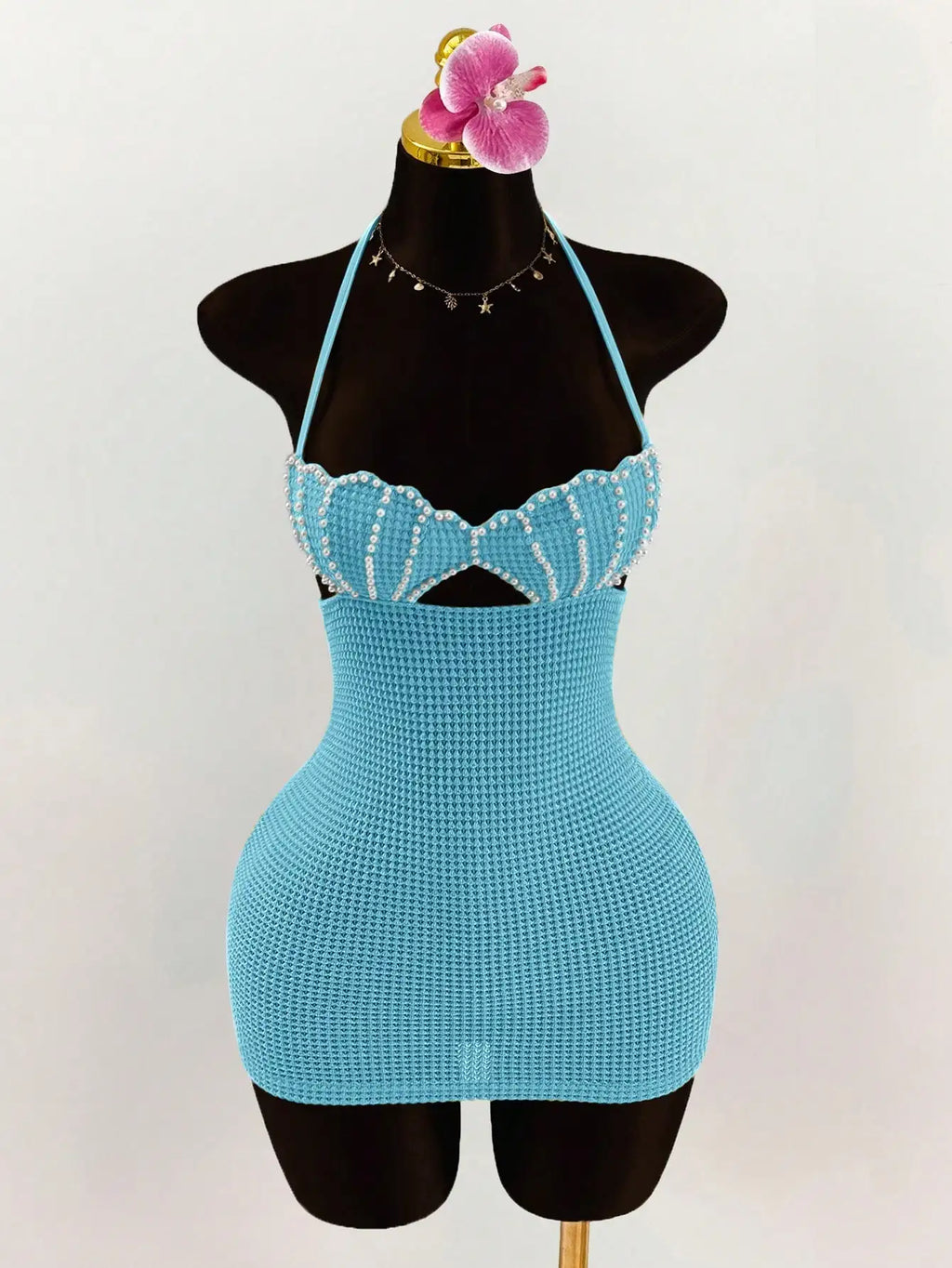 Pearl Shell Halter Backless Mini Bodycon Dress Crochet Bikini Dress