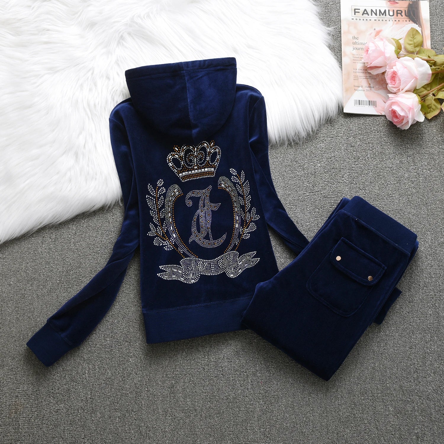 Velvet Tracksuit Hooded Winter Women Hooded Velvet Suit American Streetwear Casual Hooded Sweatshirt 2pc Casual Women's Suit