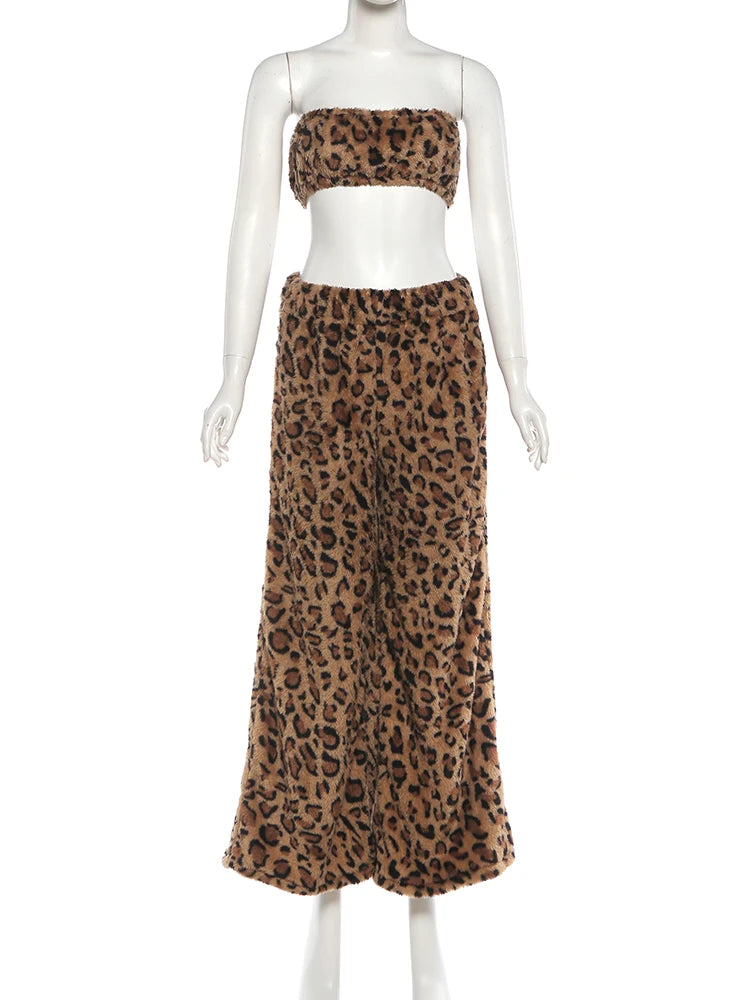 Weird Puss Furry Leopard Print 2-Piece Set Women Punk Style Hottie Sleeveless Crop Vest+Wide Pants Trend Matching Street Suits