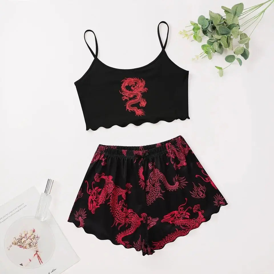 ITGIRLSOCIETY Sexy Dragon Print Halter Top & Shorts Pajama Set