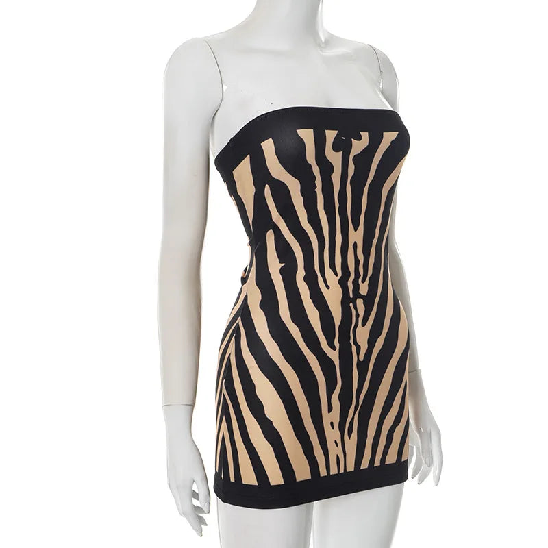 ITGIRLSOCIETY Zebra Print Strapless Backless Bodycon Dress