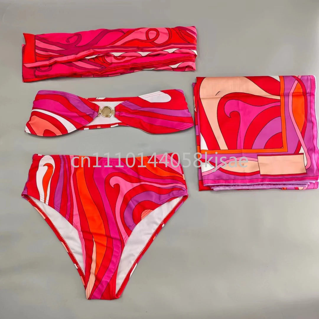 Classic Design Women's Red Bikini Sets Fashion Brand Lady Beachwear Headband Swimsuits Swimwear
