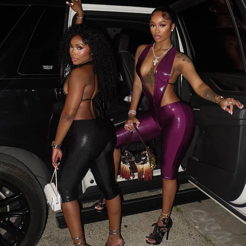 ITGIRLSOCIETY Metallic Crop Top & Pants Two-Piece Set
