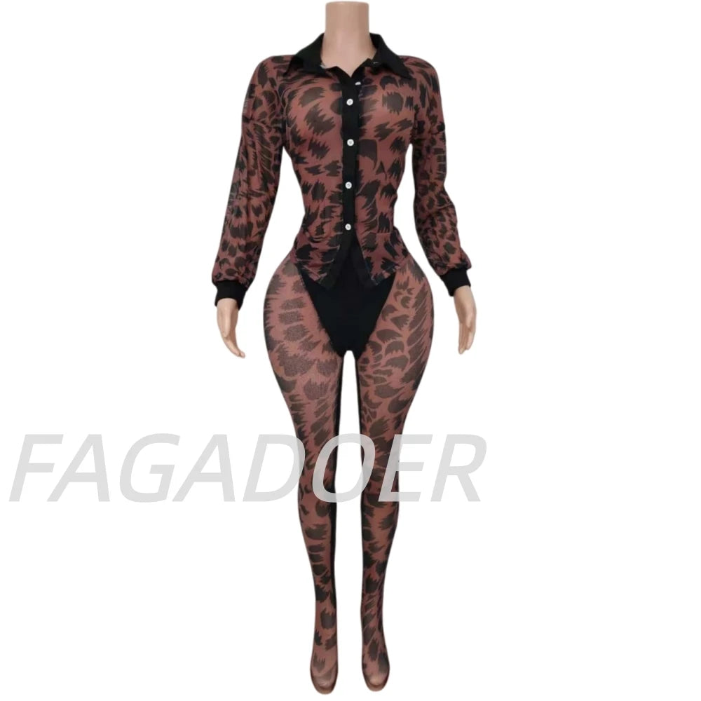 FAGADOER Autumn New Sexy Mesh See Through Woman 2 Piece Set Outfit Long Sleeve Crop Top and Pants Female Streetwear Clothing