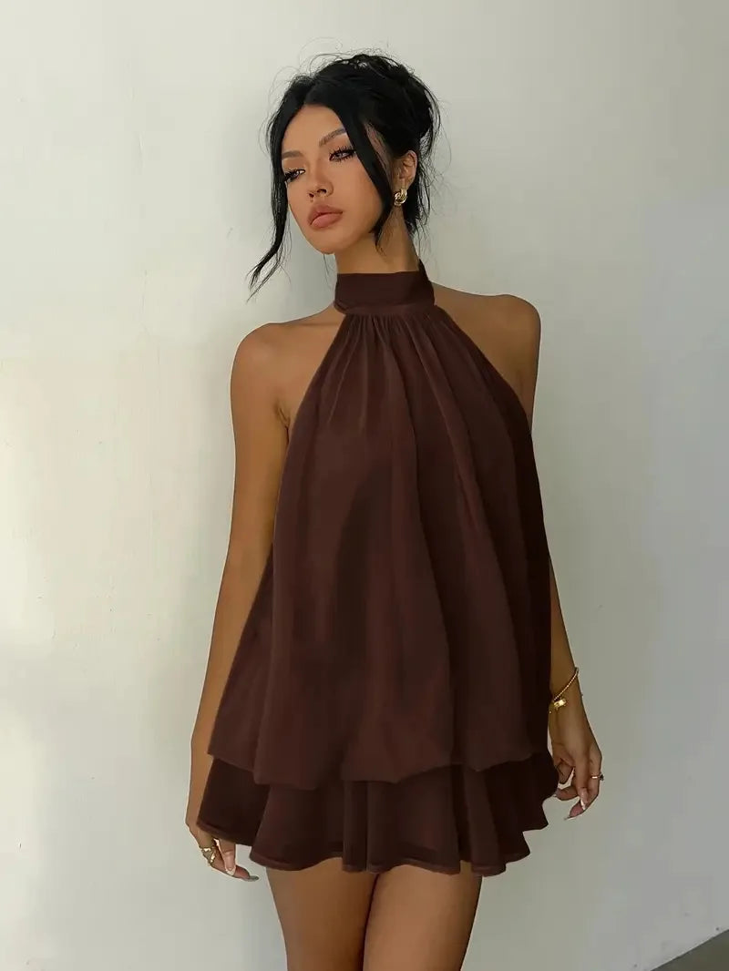 ITGIRLSOCIETY Backless Halter Tie-Front Mini Dress