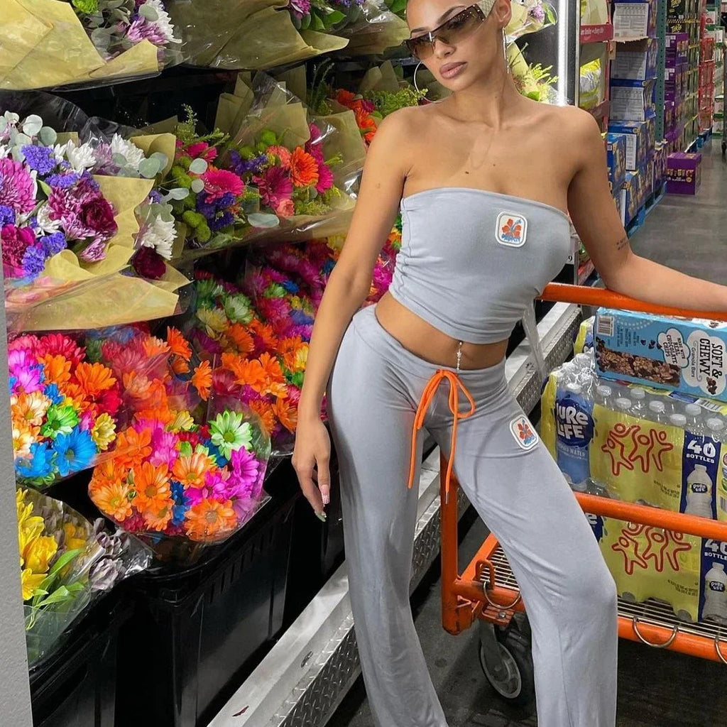 FAGADOER Y2k Fashion 2 Piece Sets Woman Outfit Embroidery Crop Top + Drawstring Flared Pants Suit Female Streetwear Clothing New