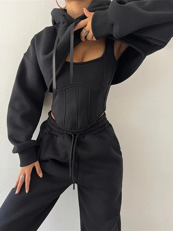 Yaminiya Y2K Sexy Sportswear Women's 3 Piece Set Long Sleeved Hooded Cardigan+slim Fit Strapless Vest+straight Leg Wide Pants