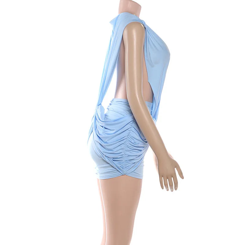 Y2K Hollow Out Women's Sexy Mini Dress Summer Sleeveless V Neck Backless Party Club Short Dresses Outfit Ruched Bodycon Gift