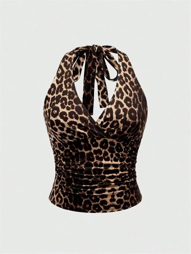 ITGIRLSOCIETY Leopard Print V-Neck Backless Halter Crop Top