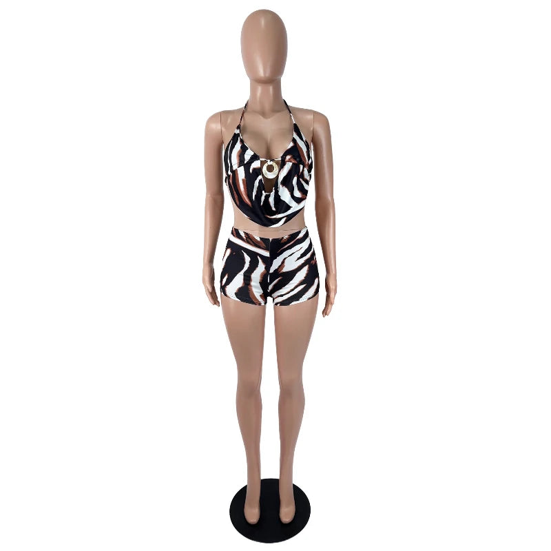 ITGIRLSOCIETY Sexy Print Halter Backless Summer Set