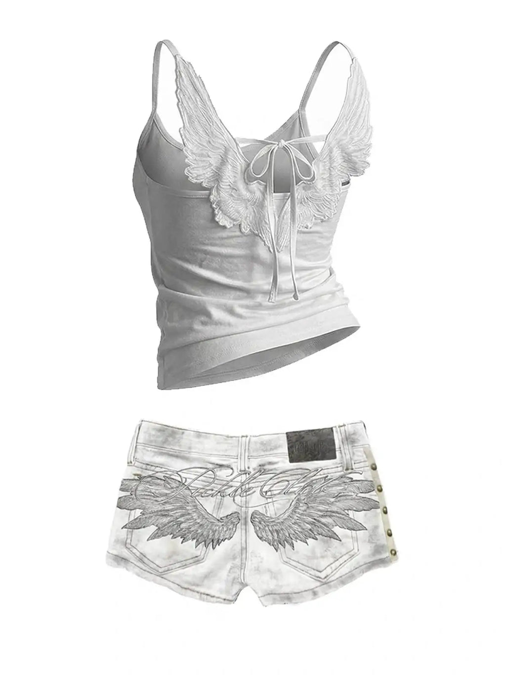 ITGIRLSOCIETY Y2K Angel Wings Embroidered Denim Vest & Low-Waist Shorts Set