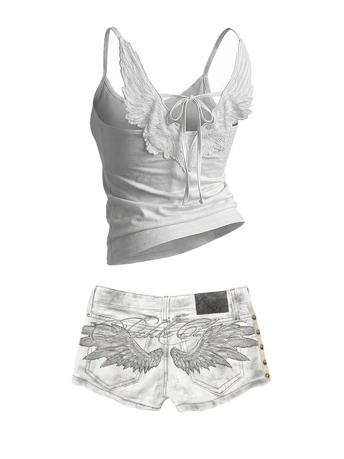 ITGIRLSOCIETY Y2K Angel Wings Embroidered Denim Vest & Low-Waist Shorts Set