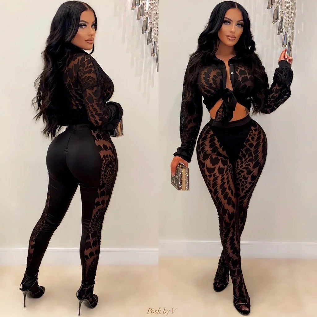 FAGADOER Autumn New Sexy Mesh See Through Woman 2 Piece Set Outfit Long Sleeve Crop Top and Pants Female Streetwear Clothing