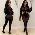 FAGADOER Autumn New Sexy Mesh See Through Woman 2 Piece Set Outfit Long Sleeve Crop Top and Pants Female Streetwear Clothing