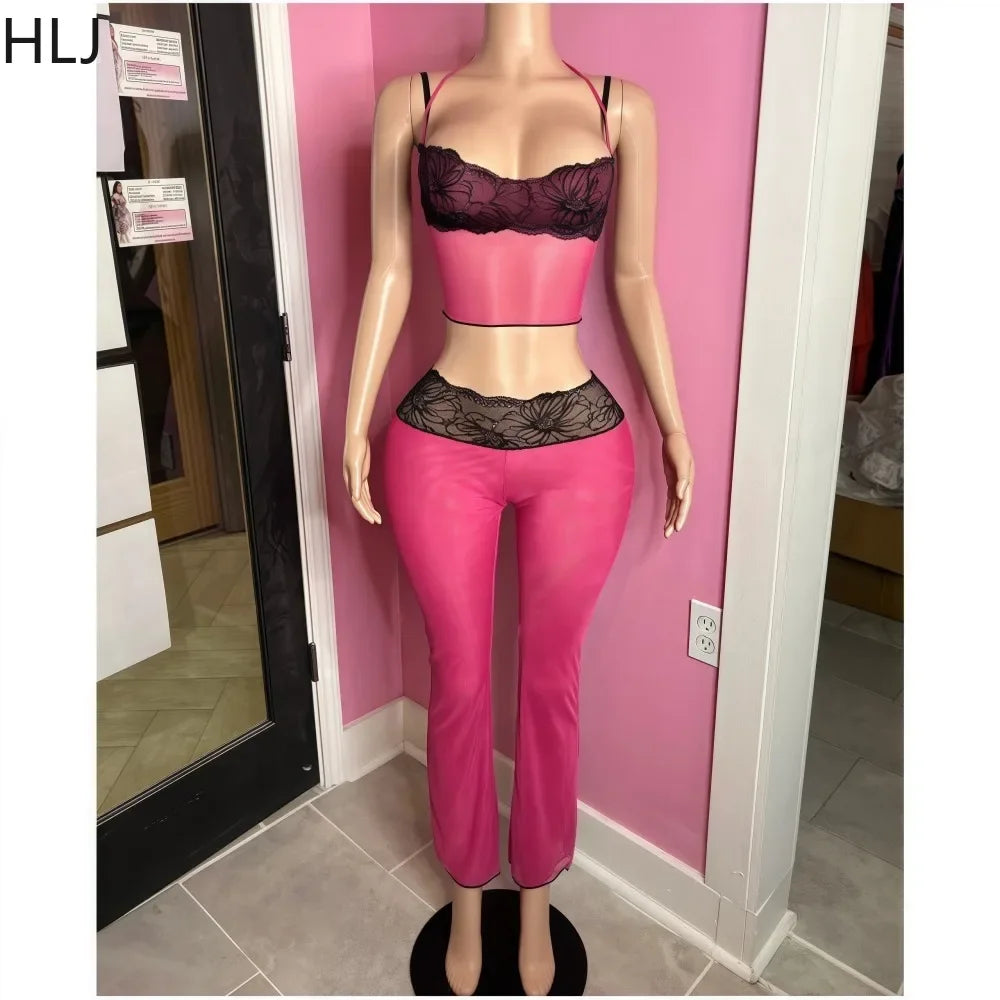 HLJ Sexy Lace Patchwork Woman 2 Piece Set Outfit Spaghetti Strap Crop Top and Flare Pants Suits Female Streetwear Clothing New