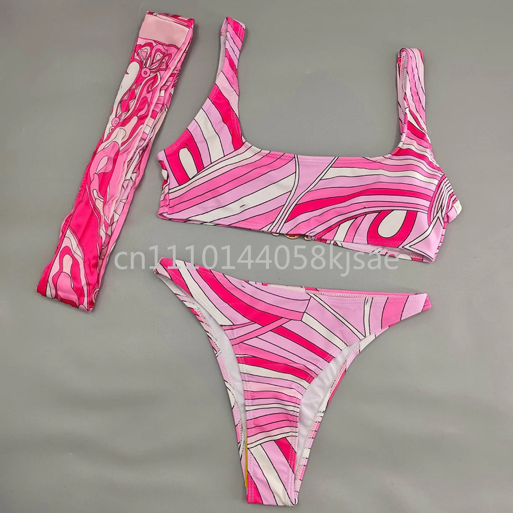 Luxury Design Women's Pink Scarf Swimsuits with Letter Signature Logo Classic Brand Headband Bikini Sets Beachwear