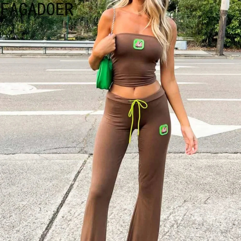 FAGADOER Y2k Fashion 2 Piece Sets Woman Outfit Embroidery Crop Top + Drawstring Flared Pants Suit Female Streetwear Clothing New