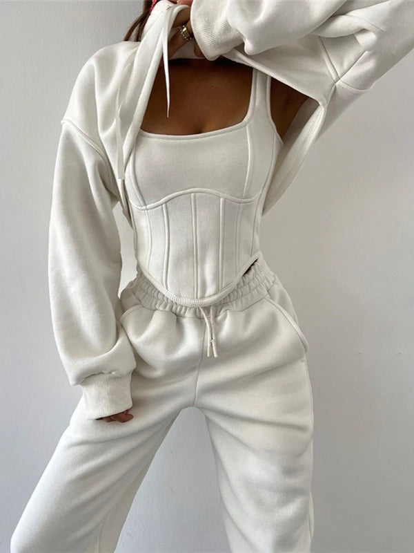 Yaminiya Y2K Sexy Sportswear Women's 3 Piece Set Long Sleeved Hooded Cardigan+slim Fit Strapless Vest+straight Leg Wide Pants