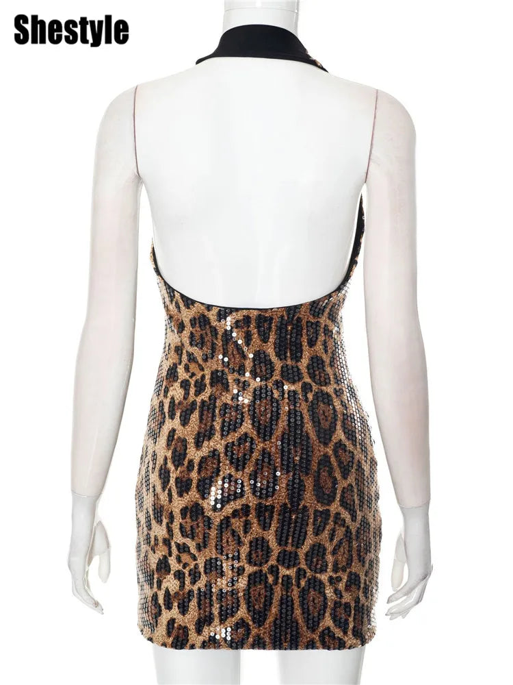 Shestyle V Neck Sequin Mini Sexy Dress Women Backless Sleeveless Halter Leopard Sheath Skinny Party Outfits Dot Brown Wild 2025
