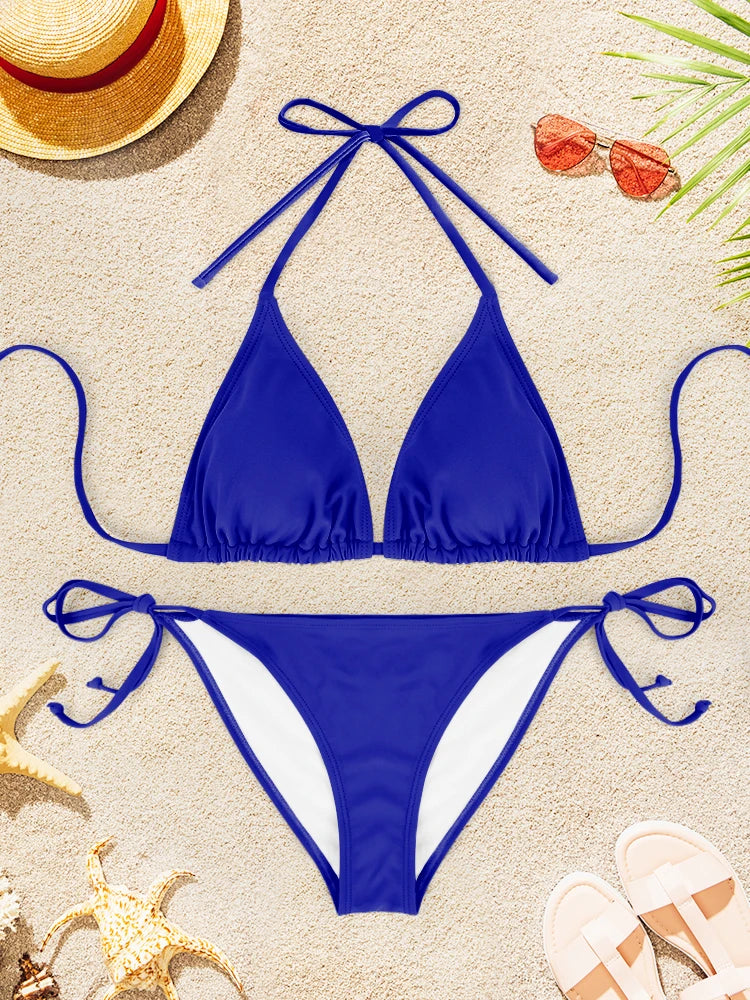 2Pcs Sexy Bikini Swimsuit For Women Solid Color Swimwear Summer Bathing Suits Females Backless Beachwear Halter Swimwear