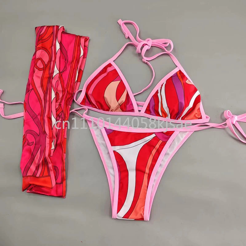 Classic Design Women's Red Bikini Sets Fashion Brand Lady Beachwear Headband Swimsuits Swimwear