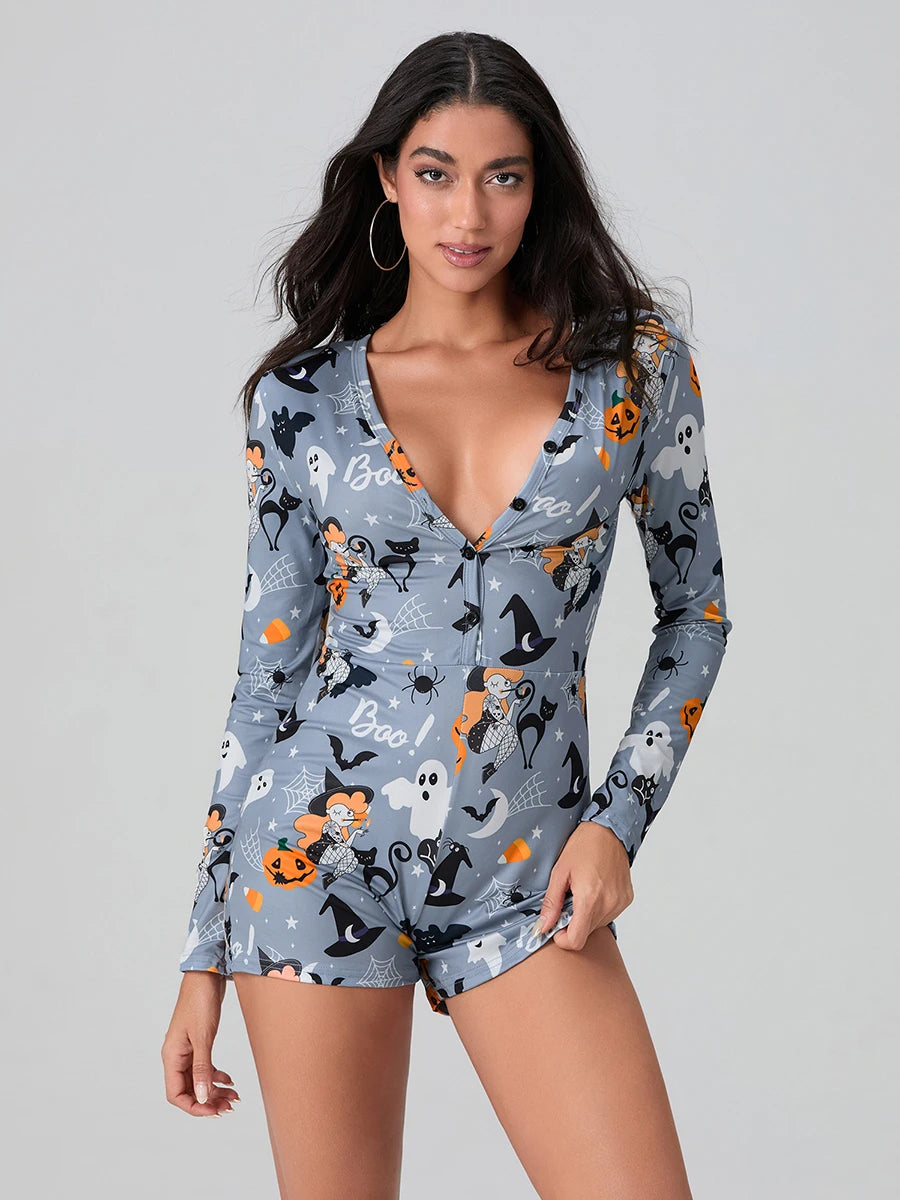 ITGIRLSOCIETY Halloween Ghost Print Bodycon Romper